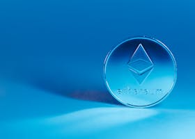 A minimalist image of an Ethereum coin on a blue background, highlighting modern finance.